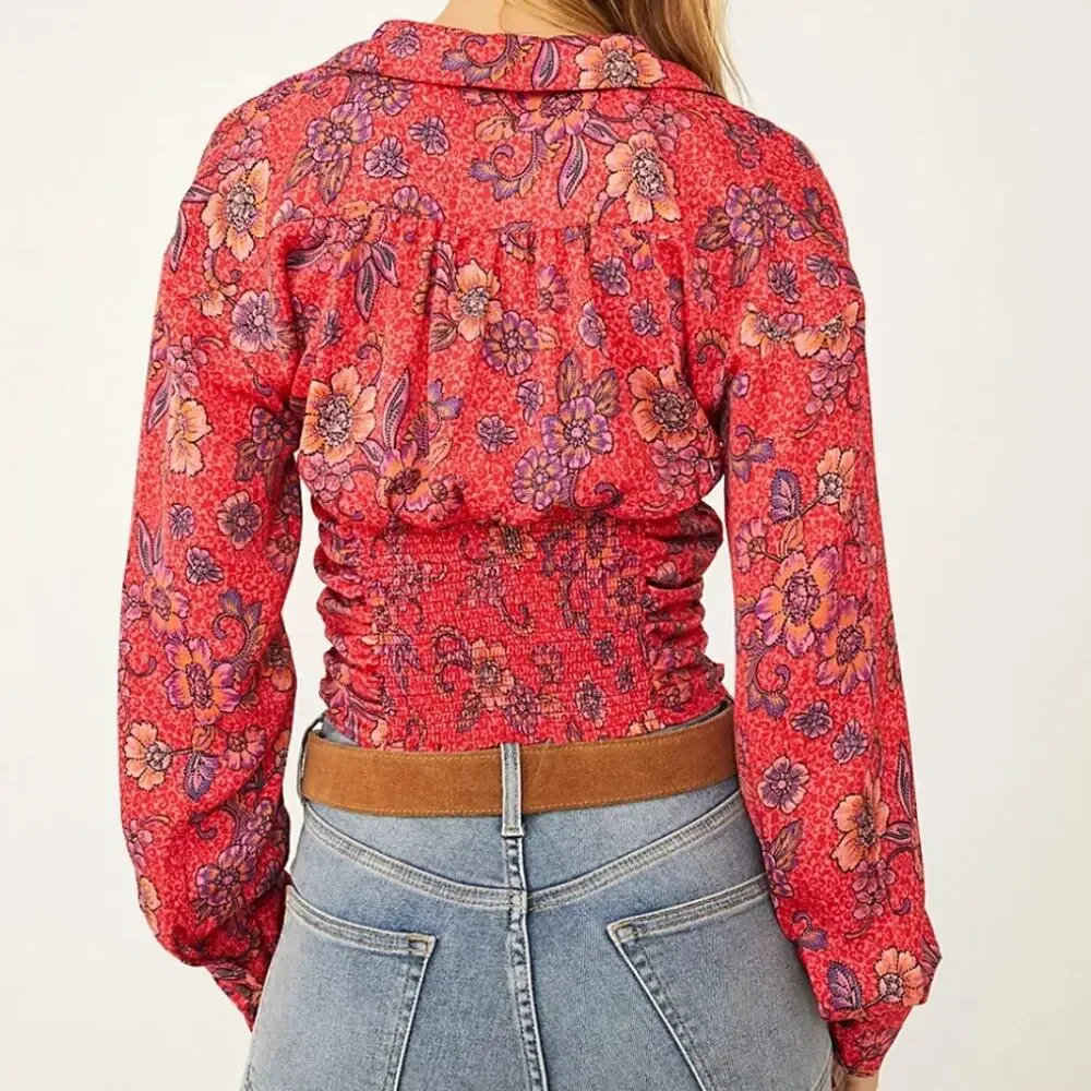 Free People Pink Floral I Got You Printed Long Sleeve Top S